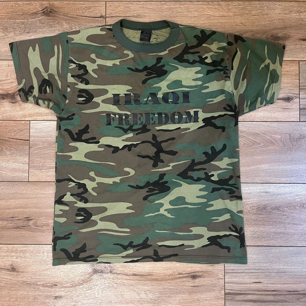 Vintage Iraqi Freedom Army Camo Camouflage T-Shirt Stripes USA Made Size Large